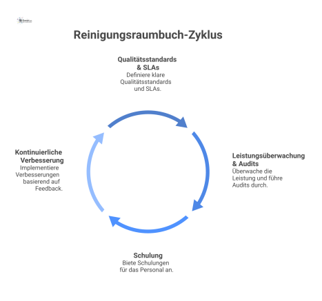 Diagramm zeigt das Reinigungsraumbuch als zentrales Fundament, von dem Pfeile zu den vier Kernprozessen des Qualitätsmanagements führen. 