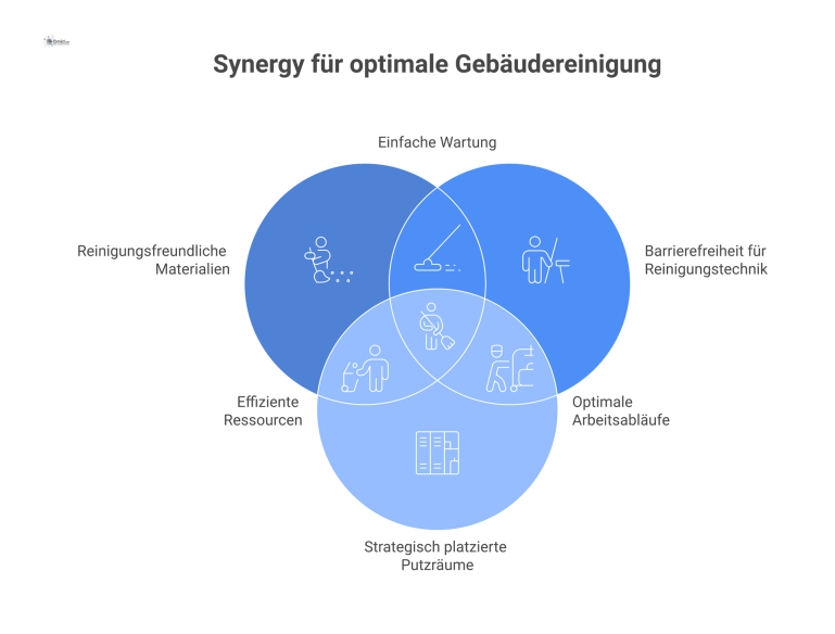 Architektonischer Querschnitt eines reinigungsoptimierten Gebäudes mit Zonen für Büro, Sanitär und Küche sowie Icons für Materialien und Putzräume.