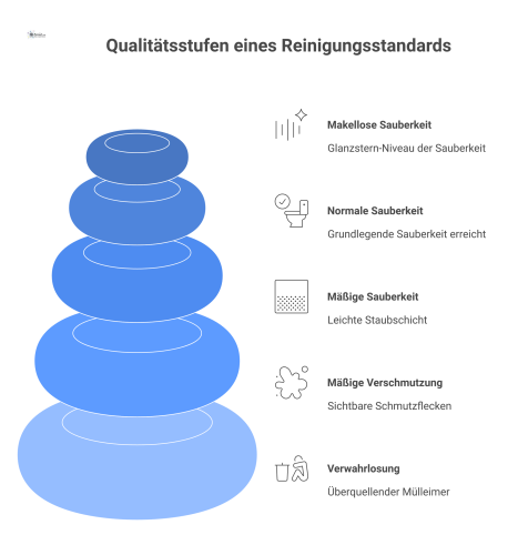  Ein Stufen-Diagramm visualisiert fünf absteigende Qualitätsstufen eines Reinigungsstandards, von makelloser Sauberkeit bis zur Verwahrlosung.