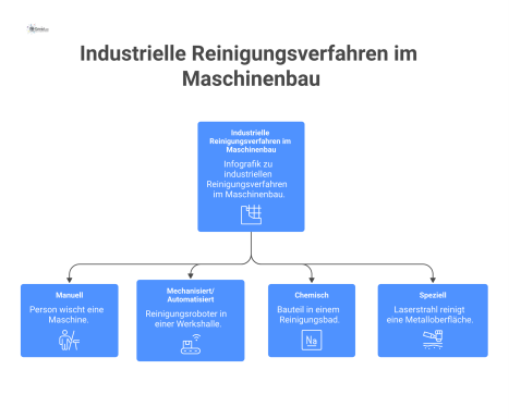 Infografik, die vier industrielle Reinigungsverfahren im Maschinenbau darstellt: manuelle, mechanisierte, chemische und spezielle Methoden mit Piktogrammen. 