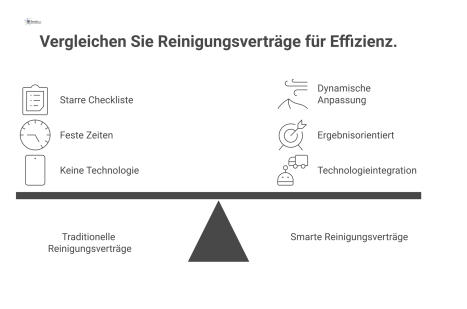  Infografik, die traditionelle Reinigungsverträge mit starren Checklisten mit dem dynamischen und ergebnisorientierten Smart Cleaning mit Sensoren vergleicht.