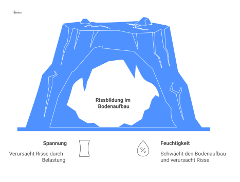 Infografik, die einen Querschnitt des Bodenaufbaus mit verschiedenen Rissarten, deren Ursachen durch Pfeile und Tropfen, und symbolisierten Risiken zeigt. 