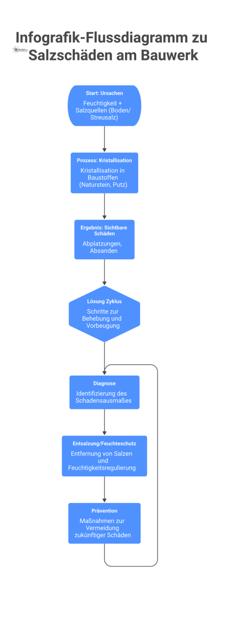 Flussdiagramm, das den Prozess von Salzschäden am Bauwerk von den Ursachen bis zum Lösungszyklus mit Diagnose und Prävention zeigt.