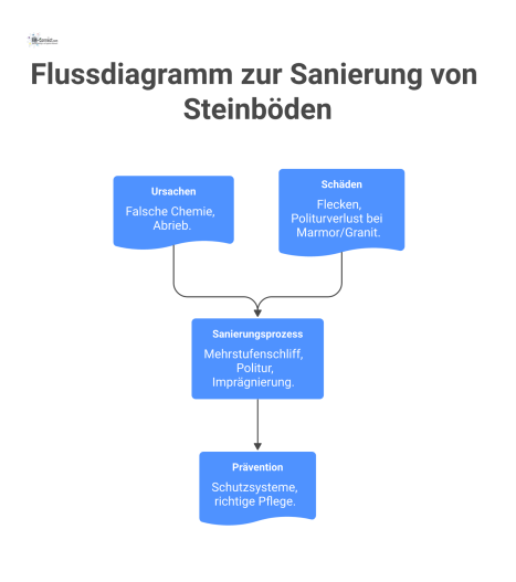  Flussdiagramm, das den Prozess der Steinbodensanierung von Ursachen und Schäden über die Sanierungsschritte bis hin zur Prävention darstellt.