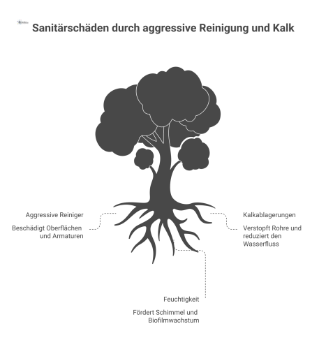 Infografik, die Ursachen wie Reiniger, Kalk und Feuchtigkeit mit Folgen wie korrodierten Armaturen und Biofilm in Fugen verbindet.