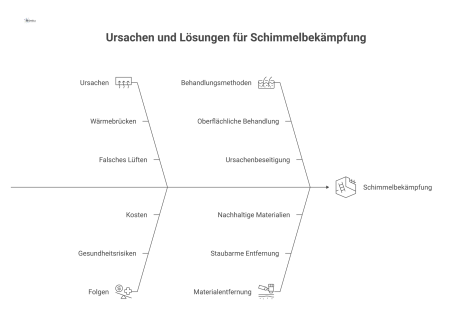 Infografik zur Schimmelbekämpfung, die falsche oberflächliche Behandlung mit der richtigen, nachhaltigen Ursachenbeseitigung und Materialentfernung vergleicht.