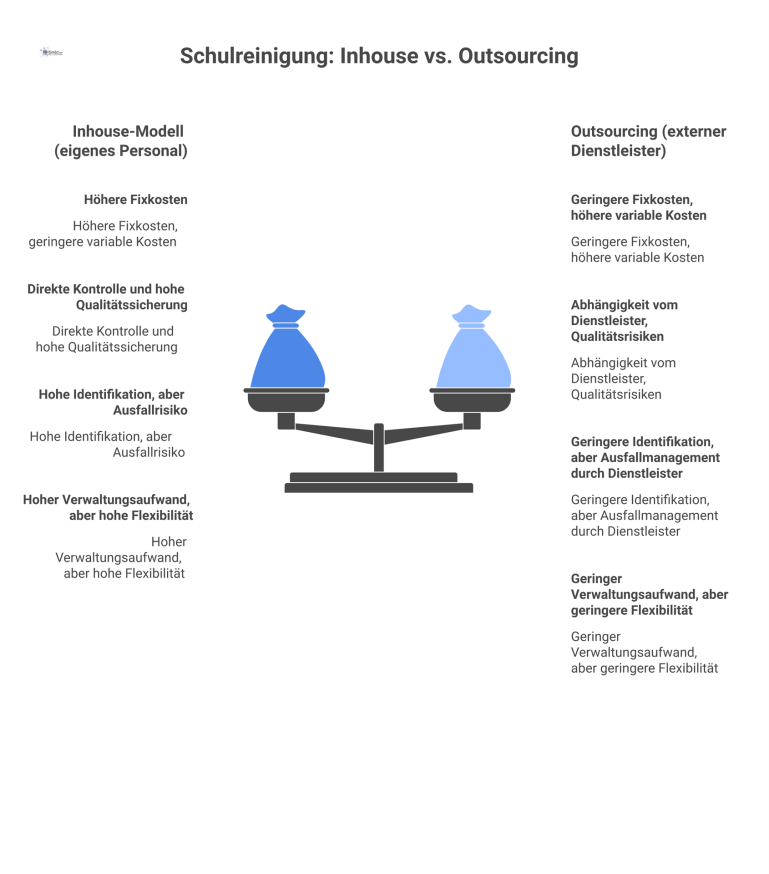Vergleich: Schulreinigung Inhouse vs. Outsourcing Gegenüberstellung der Vor- und Nachteile von Inhouse-Schulreinigung und Outsourcing anhand der Kriterien Kosten, Qualität, Personal und Flexibilität.