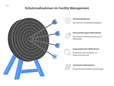 Infografik der drei Schutzmaßnahmen im Facility Management: Technische, organisatorische und personenbezogene Maßnahmen, dargestellt durch passende Icons wie Leiter oder Schutzbrille. 