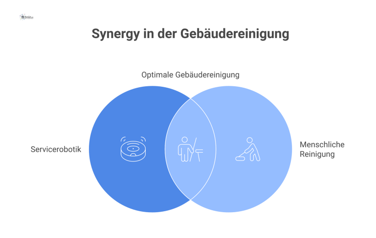  Diagramm zur Servicerobotik in der Gebäudereinigung, das einen Cobot und Menschen in einer Halle und Roboter in einem Konferenzraum zeigt.