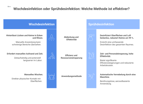Infografik vergleicht die lückenhafte manuelle Wischdesinfektion mit der lückenlosen automatischen Sprühdesinfektion, die Keime um 99% reduziert.