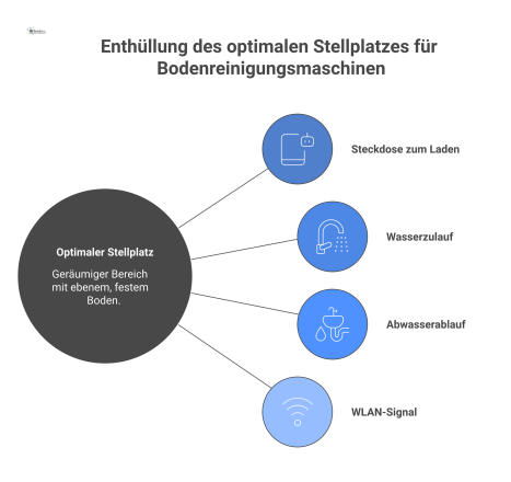  Infografik eines optimalen Stellplatzes für eine Bodenreinigungsmaschine, der die notwendigen Anschlüsse wie Steckdose, Wasser und WLAN zeigt.