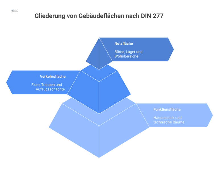 Gliederung von Gebäudeflächen nach DIN 277 Ein Baumdiagramm, das die Gliederung von Gebäudeflächen nach DIN 277 in Nutzfläche, Verkehrsfläche und Funktionsfläche aufzeigt.