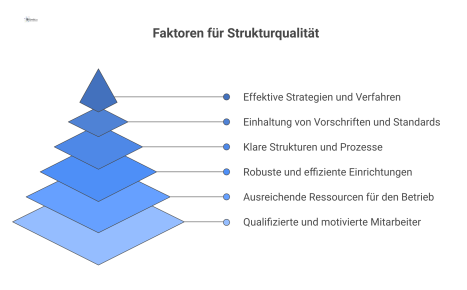 Infografik, die den zentralen Begriff 'Strukturqualität' mit seinen Rahmenbedingungen wie Personal, Finanzen, Infrastruktur und Organisation durch Linien verbindet.