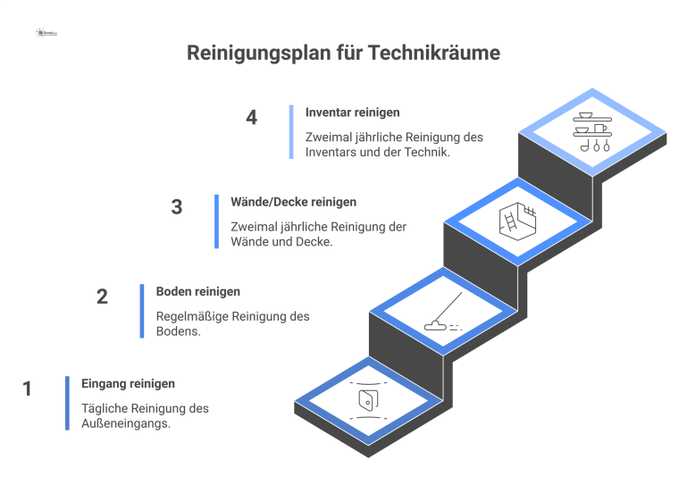Infografik eines Reinigungsplans für Technikräume, unterteilt in vier Bereiche mit Aufgaben und deren jeweiliger Reinigungshäufigkeit (täglich oder zweimal jährlich). 