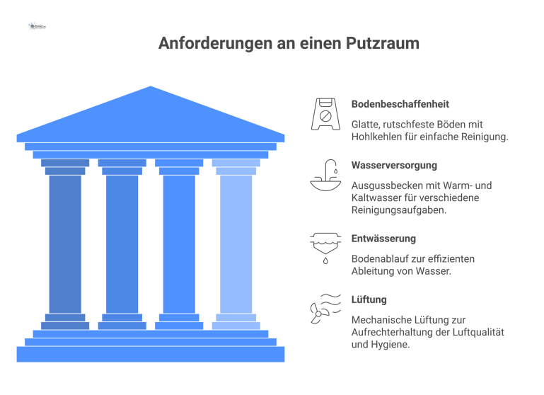 Infografik: Anforderungen an einen Putzraum Technische Blaupause eines Putzraums und Flurs, die Anforderungen wie rutschfeste Böden, Ausgussbecken, Bodenablauf und Lüftung detailliert darstellt.