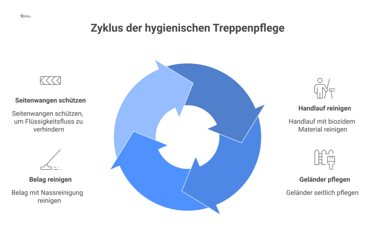 Detailansicht einer hygienischen Treppe Technische Zeichnung einer hygienischen Treppe mit seitlich montiertem Geländer, homogenem Belag und geschlossenen Seitenwangen für einfache Nassreinigung.