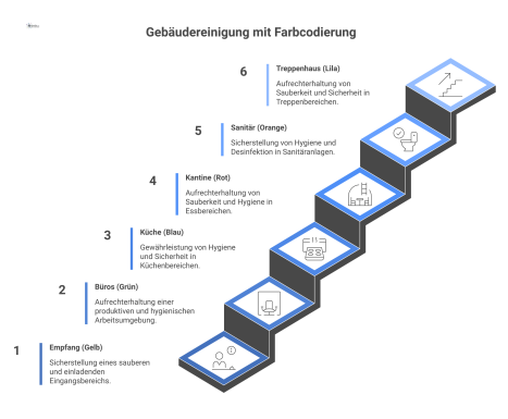 Eine Infografik zur Farbcodierung in der Gebäudereinigung, die Gebäudebereiche wie Büros, Küche und Sanitär mit zugeordneten Farben visualisiert.