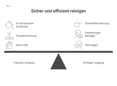 Infografik vergleicht den falschen Umgang mit Reinigungsmitteln mit dem richtigen, der zu Sicherheit und Effizienz führt.