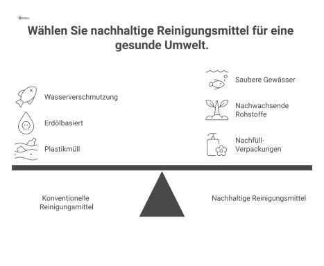  Infografik vergleicht konventionelle Reinigungsmittel mit Wasserverschmutzung und Plastikmüll mit nachhaltigen Alternativen, die saubere Gewässer und Nachfüll-Verpackungen symbolisieren. 