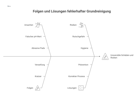  Infografik über die Folgen fehlerhafter Grundreinigung, die Ursachen, irreversible Schäden und Risiken sowie den korrekten Lösungsprozess visualisiert.