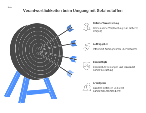  Diagramm zu Verantwortlichkeiten beim Umgang mit Gefahrstoffen, das die Pflichten von Arbeitgeber, Beschäftigten und Auftraggeber übersichtlich darstellt.