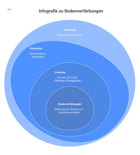  Infografik zeigt Ursachen von Bodenverfärbungen wie Gummi und UV-Licht, sowie Prävention durch Schutzmatten und Sanierung durch Teilersatz.