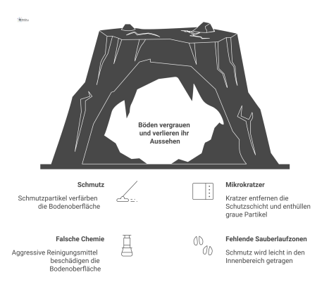 Infografik über die Ursachen, Risiken und Lösungen für die Vergrauung von Böden wie Kautschuk, PVC oder Stein. 