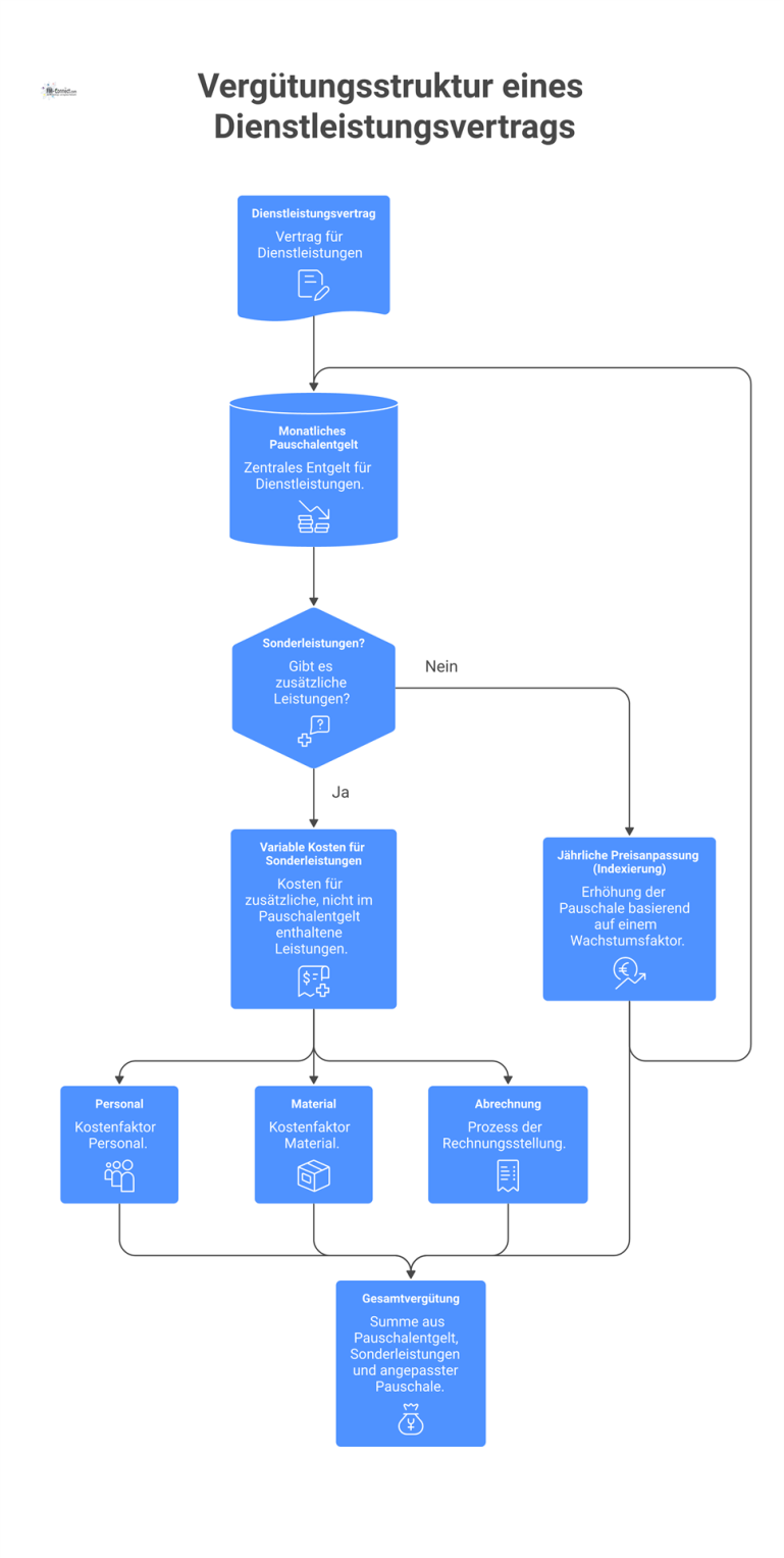 Vergütungsstruktur eines Dienstleistungsvertrags Infografik zur Vergütungsstruktur eines Vertrags, die eine monatliche Pauschale, variable Kosten und eine jährliche Preisanpassung durch Indexierung zeigt.