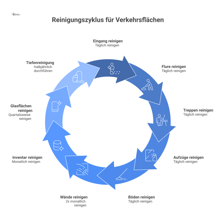 Reinigungsplan für Verkehrsflächen Ein Diagramm, das einen Reinigungsplan für Verkehrsflächen darstellt, mit Aufgaben für Böden und Wände, gruppiert nach täglicher bis halbjährlicher Häufigkeit.