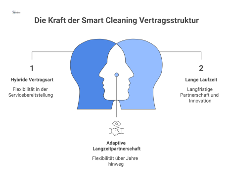 Diagramm zum modularen Aufbau eines Smart Cleaning Vertrags mit Hauptvertrag im Zentrum und den Bausteinen Vertragsart, Laufzeit und SLA.