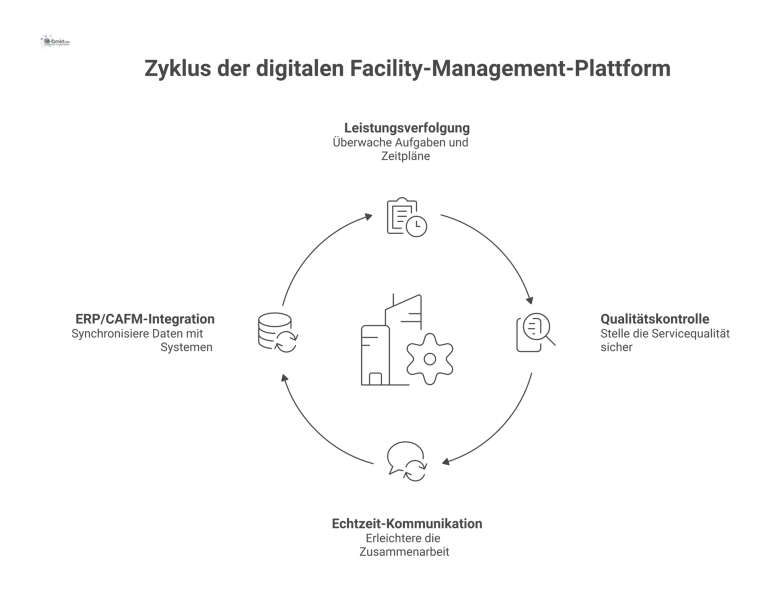 Diagramm einer zentralen App mit Funktionen wie Leistungsverfolgung, Qualitätskontrolle und Kommunikation, die Daten in ERP/CAFM-Systeme integriert.