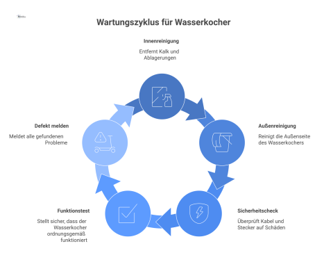  Ein Flussdiagramm, das den Wartungsprozess für einen Wasserkocher in fünf Schritten mit Icons darstellt: Reinigung, Sicherheitscheck und Funktionstest.