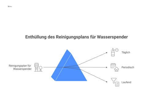 Infografik, die den Reinigungsplan für Wasserspender in drei Zeitabschnitten darstellt: täglich, periodisch und laufend mit den jeweiligen Aufgaben.