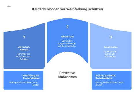 Infografik über die Weißfärbung von Kautschukböden, die Ursachen wie alkalische Reiniger, Folgen wie matte Stellen und Lösungen wie Schutzmatten darstellt. 