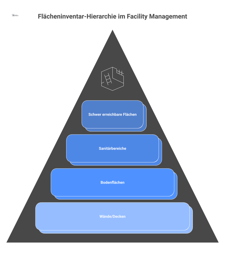 Hierarchisches Diagramm zum Flächeninventar, das die vier Hauptkategorien Wände/Decken, Bodenflächen, Sanitärbereiche und schwer erreichbare Flächen mit Beispielen zeigt.