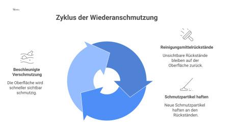  Diagramm, das mikroskopisch zeigt, wie neuer Schmutz an klebrigen Rückständen von Reinigungsmitteln haftet und eine Oberfläche wieder verschmutzt. 