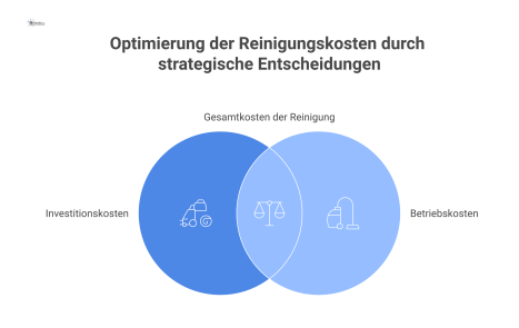 Infografik zur Wirtschaftlichkeit von Reinigungstechnik, die Investitionskosten und Betriebskosten auf einer Waage vergleicht und Kennzahlen wie TCO zeigt.