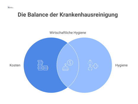 Infografik zur Wirtschaftlichkeit der Krankenhausreinigung, die den Konflikt zwischen Kosten und Hygiene durch ein Kuchendiagramm und Pfeile darstellt.