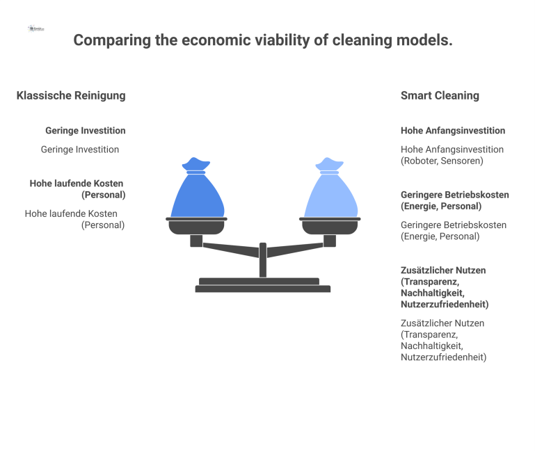Wirtschaftlichkeit von Reinigungsmodellen im Vergleich Zweiseitiges Diagramm vergleicht die Wirtschaftlichkeit von klassischer Reinigung und Smart Cleaning, insbesondere den Trade-off zwischen Investition und langfristigem Nutzen.