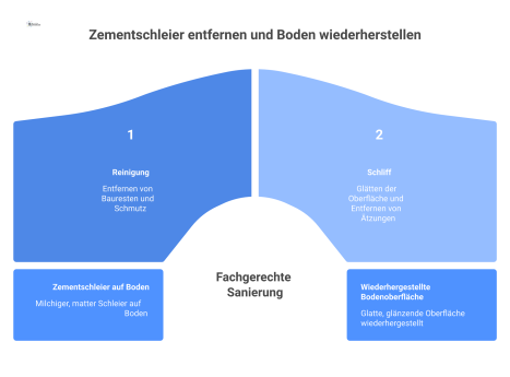 Infografik über Zementschleier auf Bodenbelägen, die den Unterschied zwischen Ätzschäden durch falsche Säure und einer fachgerechten Sanierung zeigt.