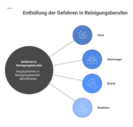  Infografik der 4 Hauptgefahren in Reinigungsberufen mit Icons für Haut, Atemwege, Brand und chemische Reaktion.