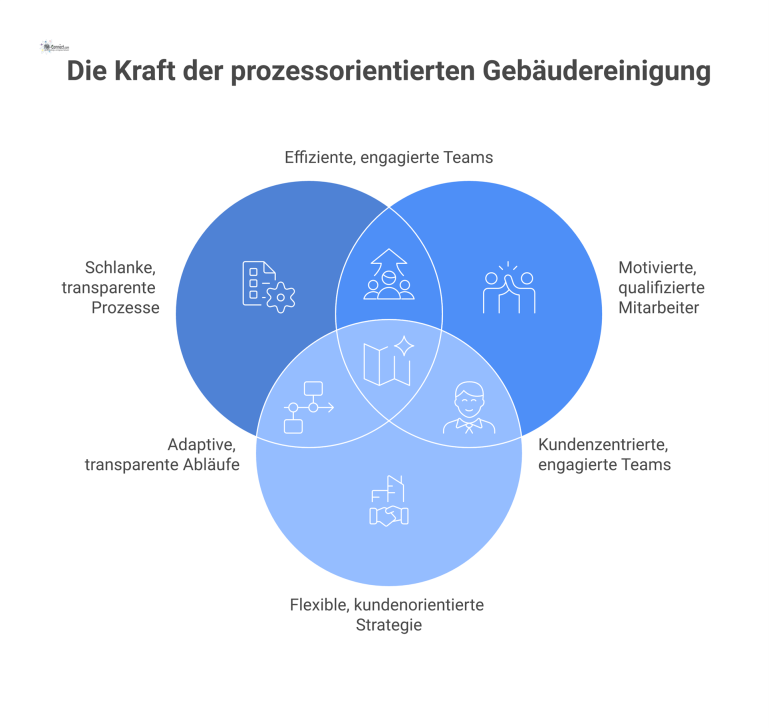 Vier Säulen der prozessorientierten Gebäudereinigung Ein Schaubild, das die vier vernetzten Säulen der prozessorientierten Gebäudereinigung zeigt: Prozesse, Mitarbeiter, Strategie und Methodeneinsatz für wirtschaftliche Sauberkeit.