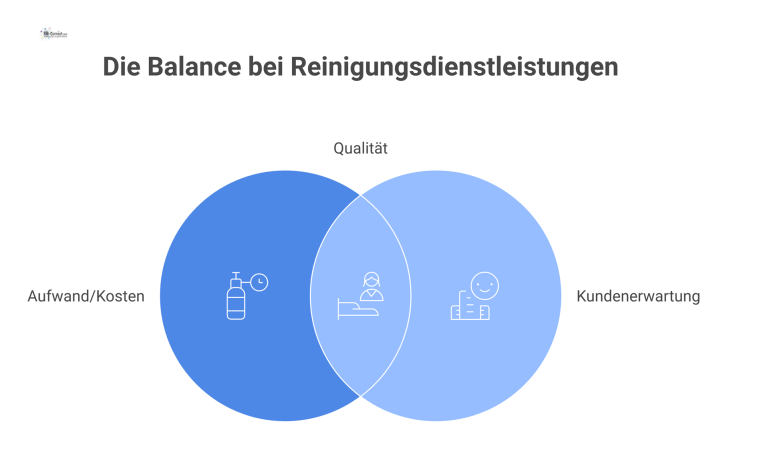 Interessenkonflikt bei Reinigungsdienstleistungen Diagramm zum Interessenkonflikt bei Reinigungen, das den Aufwand der Kundenerwartung gegenüberstellt und die Ergebnisorientierung als zentrale Lösung für Qualität zeigt.