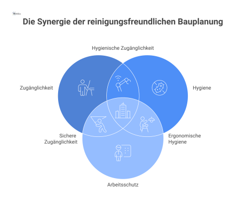  Infografik eines Gebäudequerschnitts, der reinigungsfreundliche Planung in den Bereichen Zugänglichkeit, Hygiene und Arbeitsschutz mit Piktogrammen darstellt.