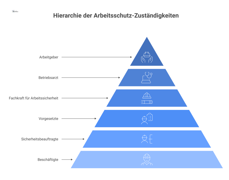 Hierarchisches Organigramm der Zuständigkeiten im Arbeitsschutz, vom Arbeitgeber an der Spitze bis zu den Beschäftigten an der Basis.