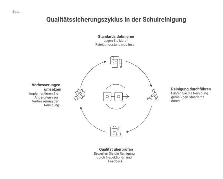 Qualitätssicherungszyklus in der Schulreinigung Kreislaufdiagramm mit vier Phasen zur Qualitätssicherung in der Schulreinigung: Standards definieren, Reinigung durchführen, Qualität überprüfen und Verbesserungen umsetzen.