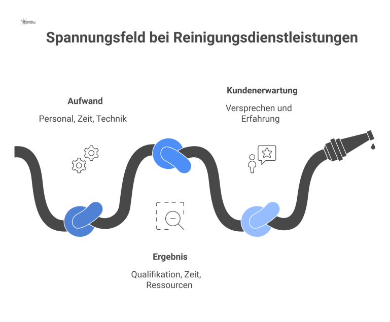Diagram zum Zielkonflikt bei Reinigungsdienstleistungen zwischen Aufwand/Preis und Ergebnis/Kundenerwartung sowie den jeweiligen Einflussfaktoren wie Personal, Zeit und Technik.