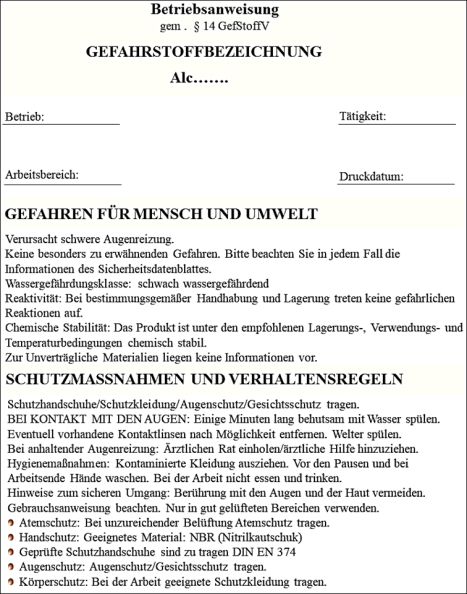 Betriebsanweisung / Gefahrstoffbezeichnung gem.§14 GefStoffV